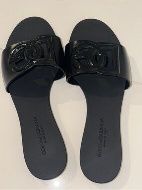 Dolce & Gabbana Glossy Black Logo Slide Sandals